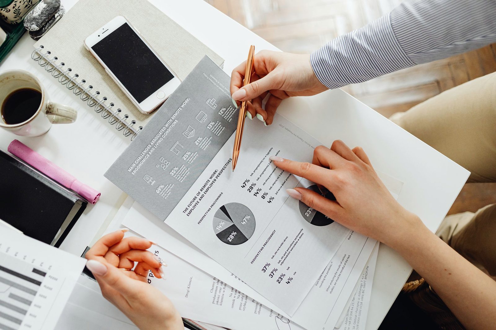 Mains annotant au stylo un rapport financier avec graphiques, sur un bureau